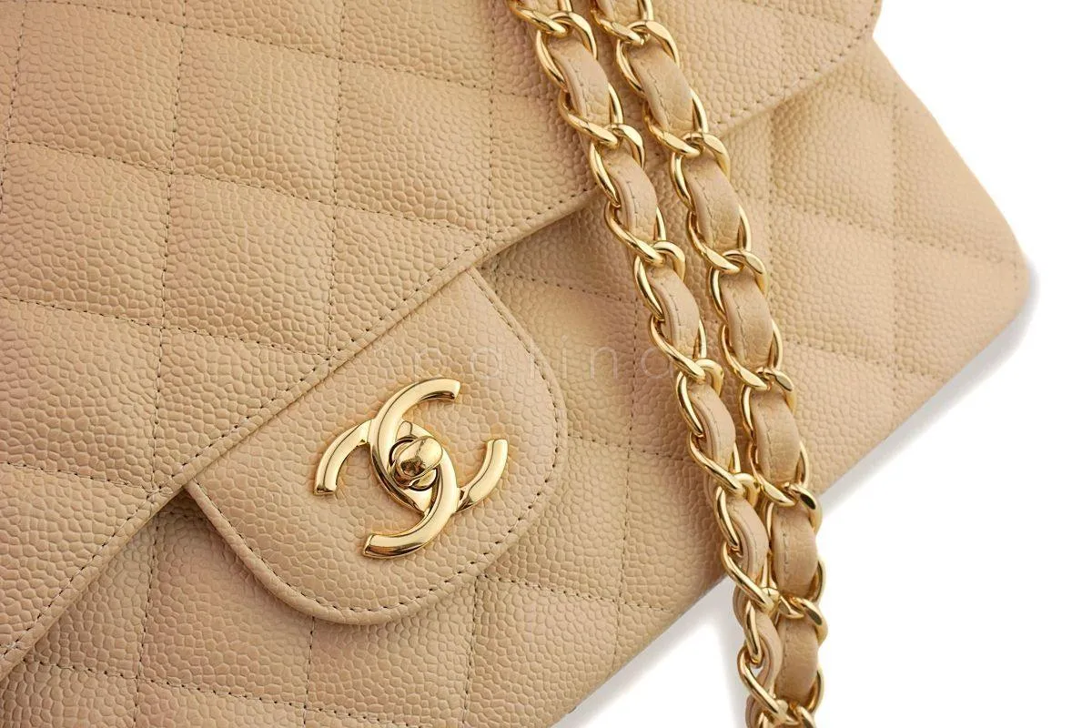 Chanel Beige Clair Caviar Jumbo Classic Double Flap Bag GHW