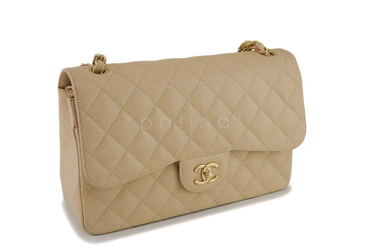 Chanel Beige Clair Caviar Jumbo Classic Double Flap Bag GHW