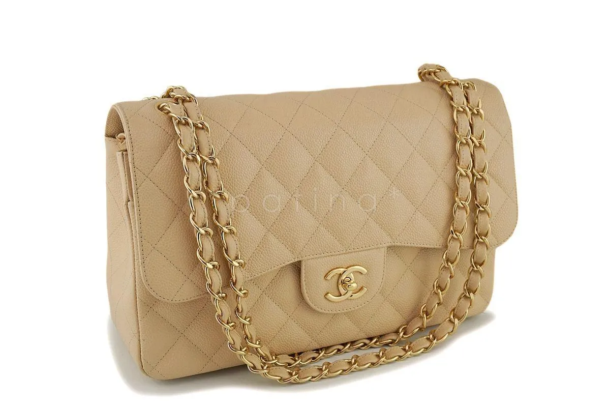 Chanel Beige Clair Caviar Jumbo Classic Double Flap Bag GHW
