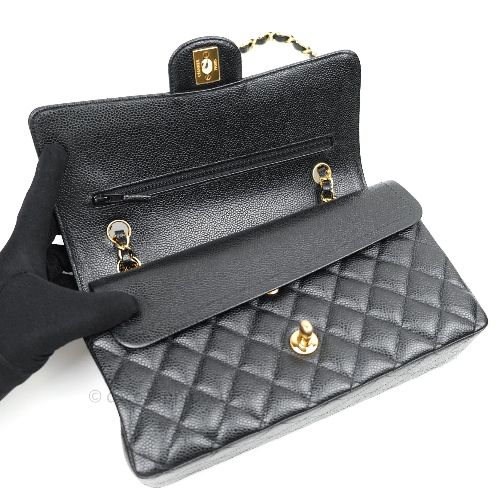 Chanel Classic M/L Double Flap Black Caviar Gold Hardware Bag