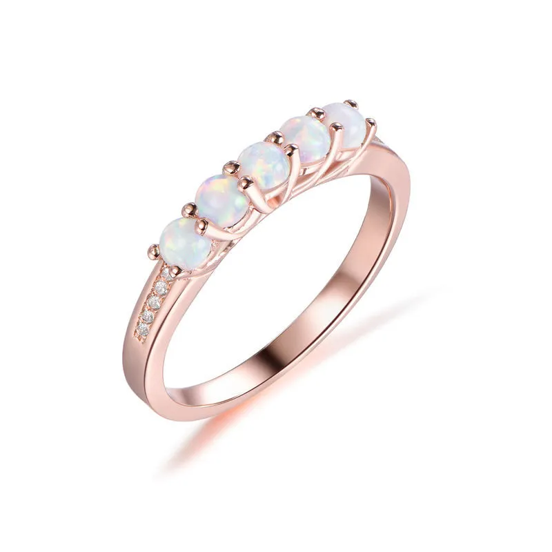 Five Stone Round Moonstone Diamond Birthstone Anniversary Wedding Band in Rose Gold Women Gift