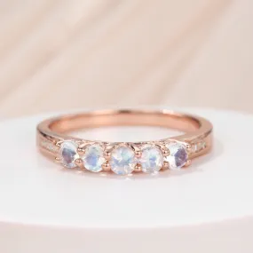 Five Stone Round Moonstone Diamond Birthstone Anniversary Wedding Band in Rose Gold Women Gift