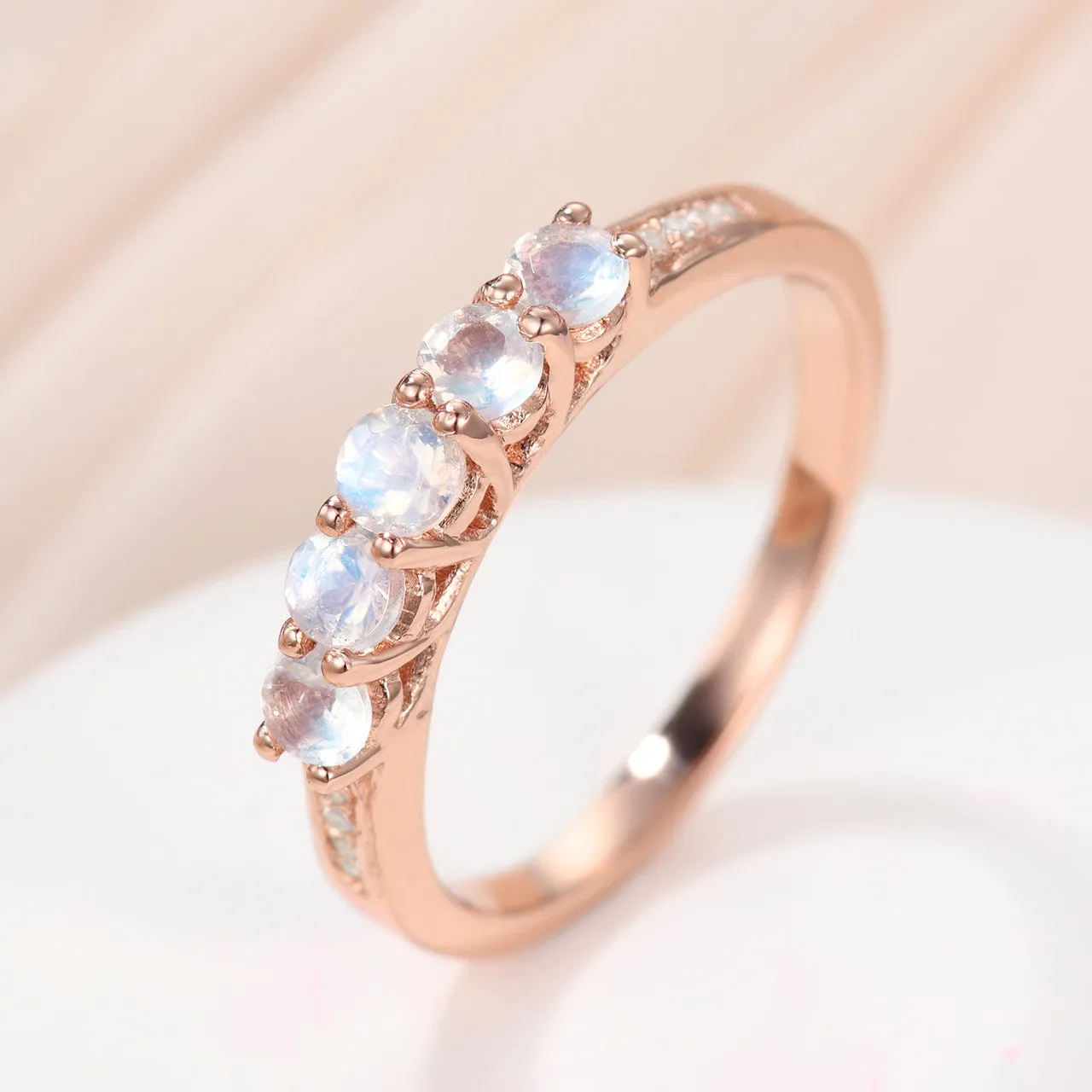 Five Stone Round Moonstone Diamond Birthstone Anniversary Wedding Band in Rose Gold Women Gift