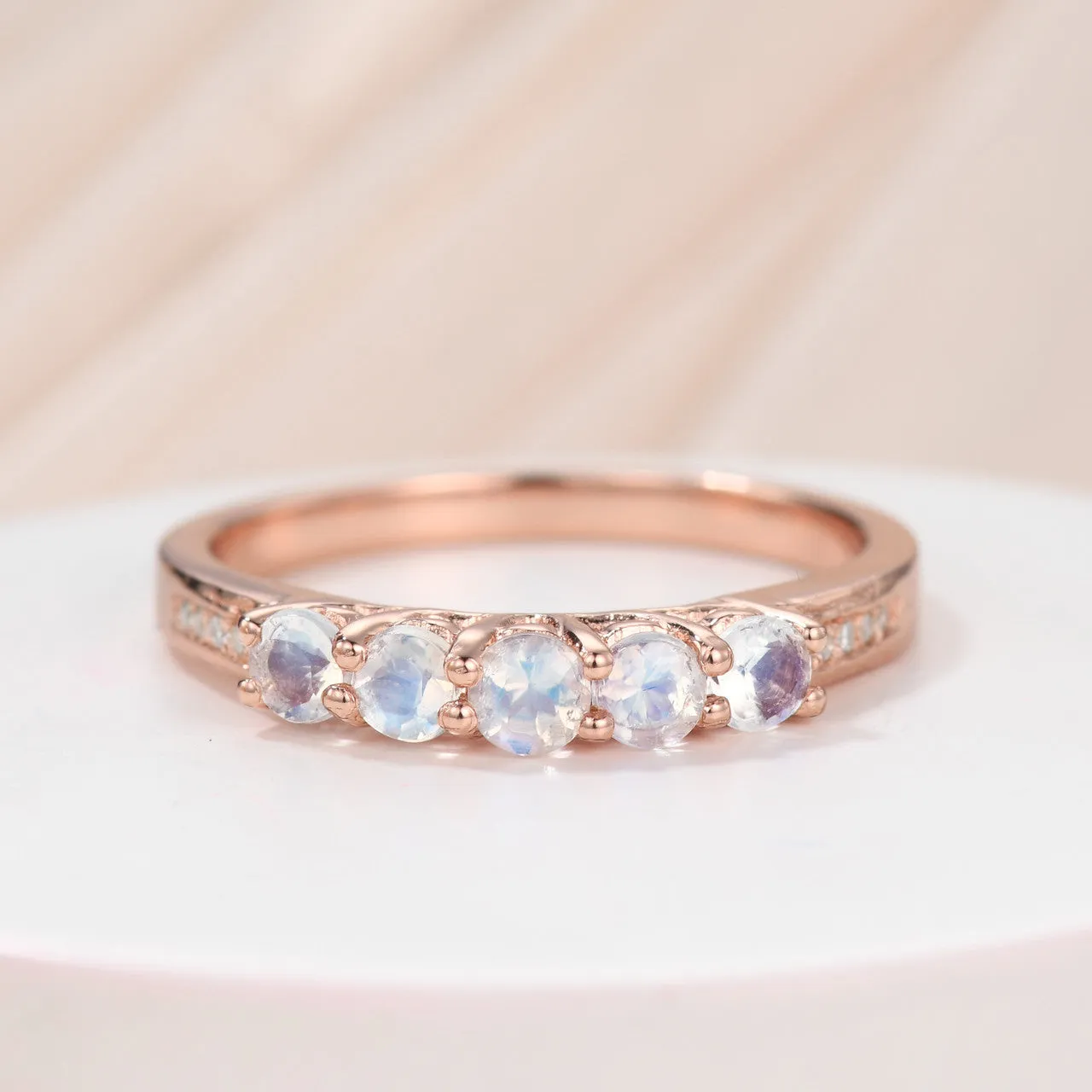 Five Stone Round Moonstone Diamond Birthstone Anniversary Wedding Band in Rose Gold Women Gift