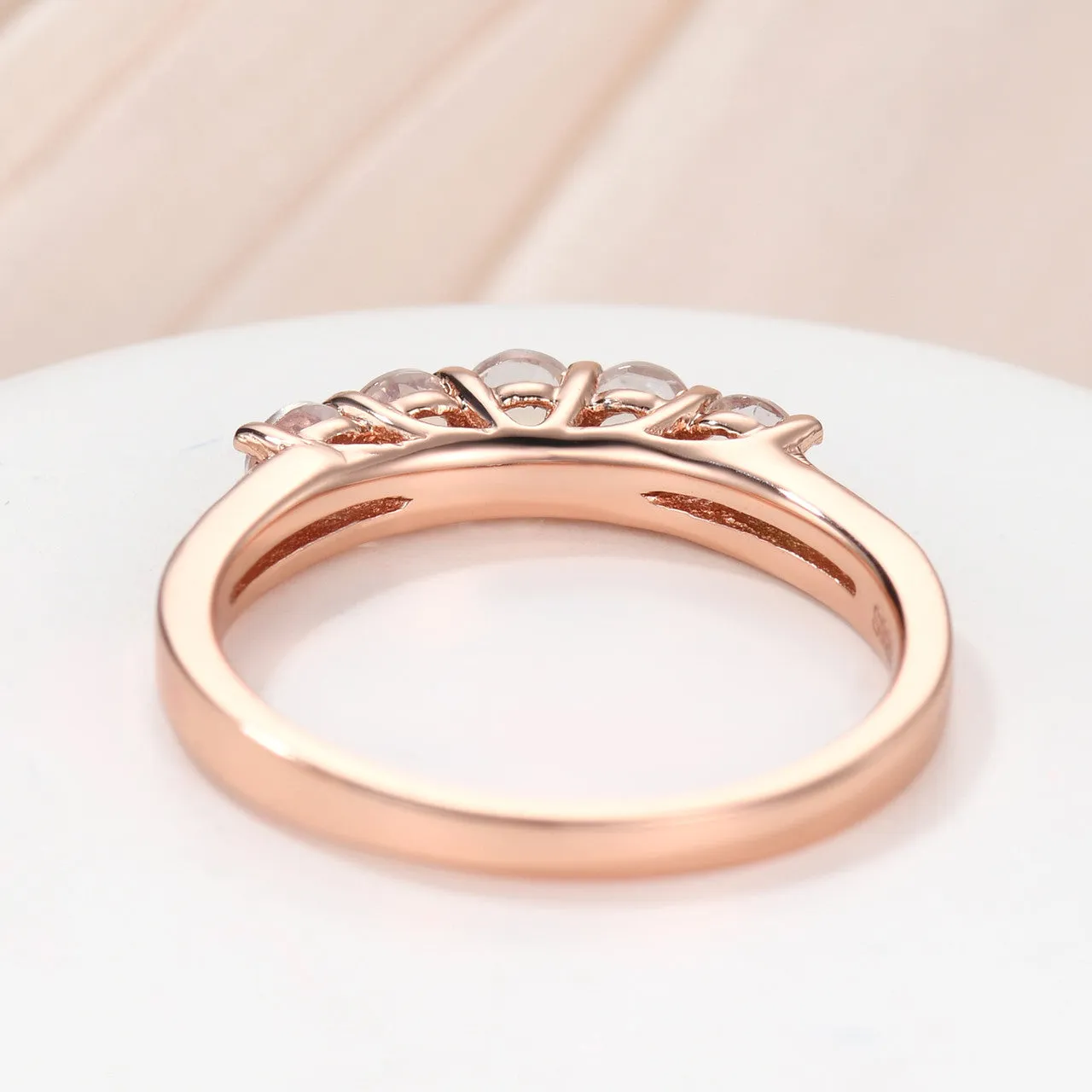 Five Stone Round Moonstone Diamond Birthstone Anniversary Wedding Band in Rose Gold Women Gift
