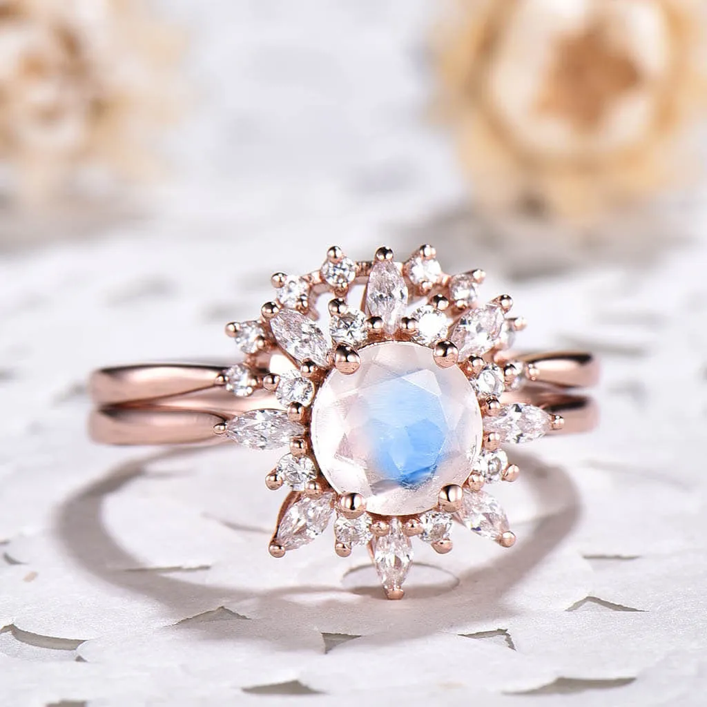 Floral Moonstone Diamond/Moissanite Engagement Ring Set 2pcs
