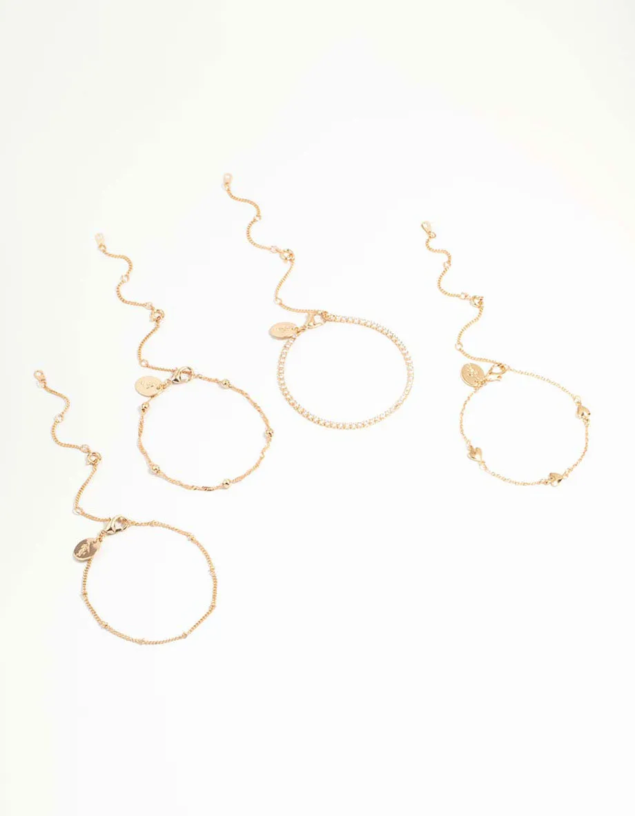 Gold Cubic Zirconia Heart Bracelet & Anklet 4-Pack