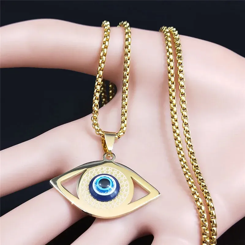 Islam Hamsa Turkey Eye Stainless Steel Necklaces Pendants Gold Color Necklace