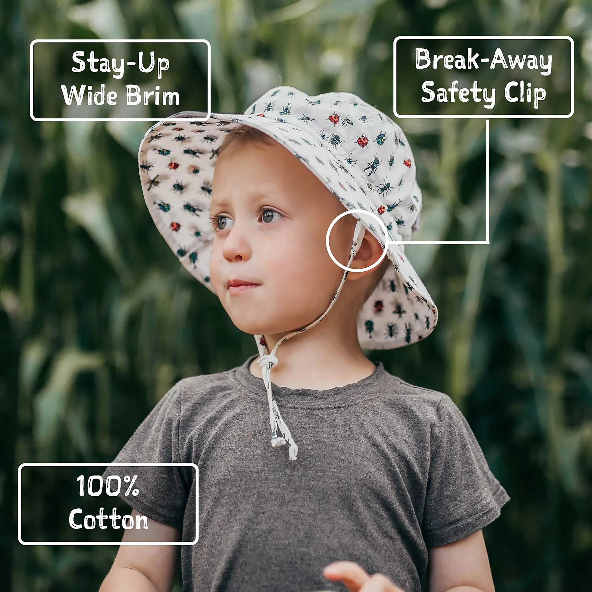 Jan & Jul Gro-with-me Bucket Hat in Little Diggers Print: Sizes S to XL