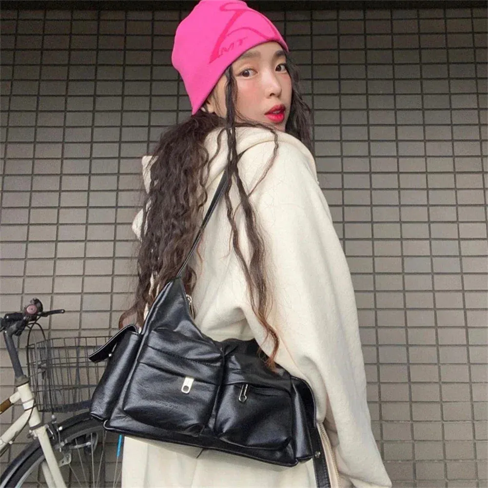 Large Capacity Sling Bags Women's Multi-Pocket Satchel Leather Retro Commuting Shoulder Bag Ladies Solid Versatile Crossbody Bag