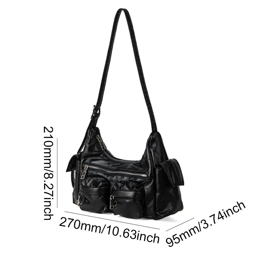 Large Capacity Sling Bags Women's Multi-Pocket Satchel Leather Retro Commuting Shoulder Bag Ladies Solid Versatile Crossbody Bag