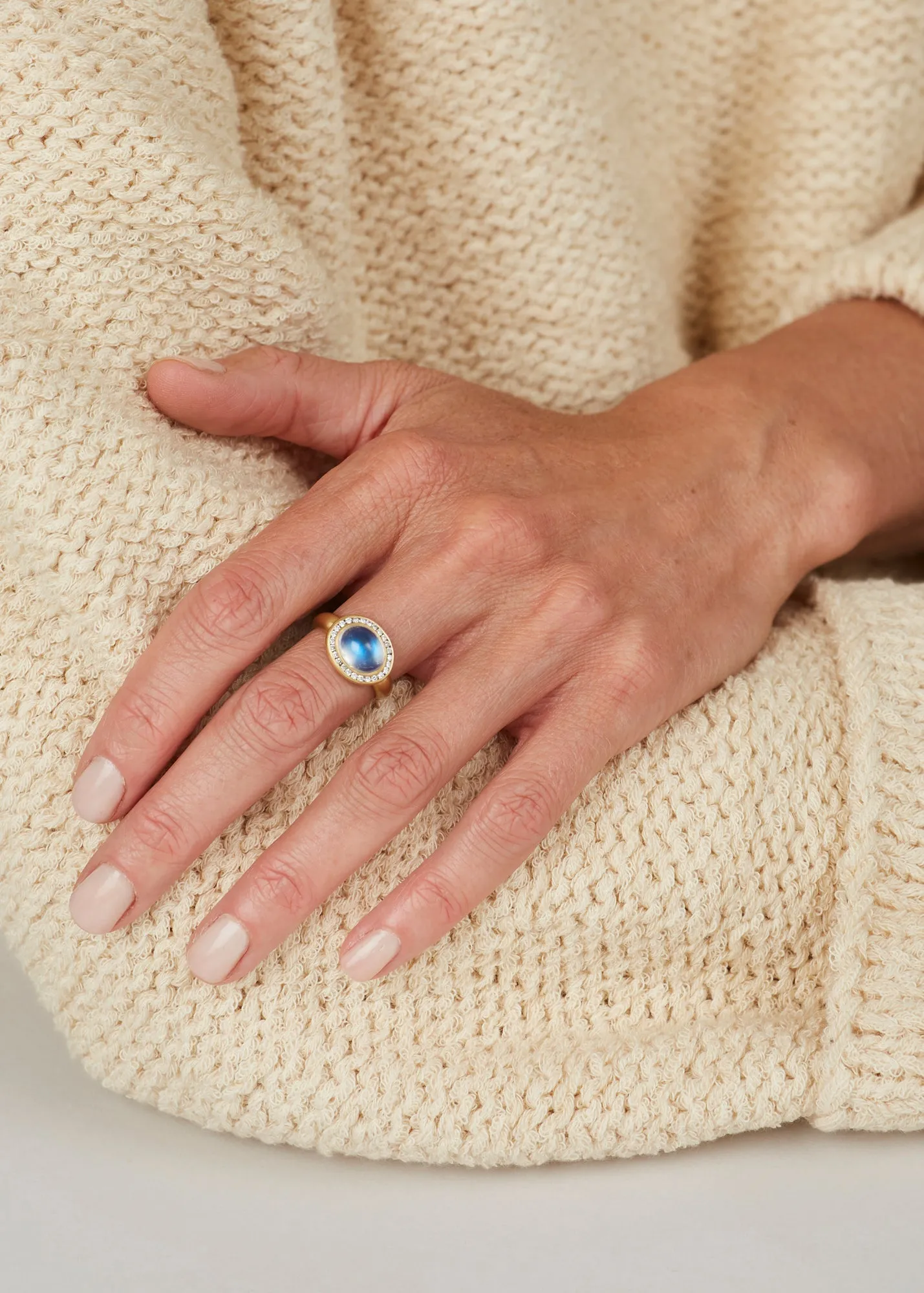 Large Oval Gem Blue Moonstone Ring with .21 Diamonds in 18 kt Gold