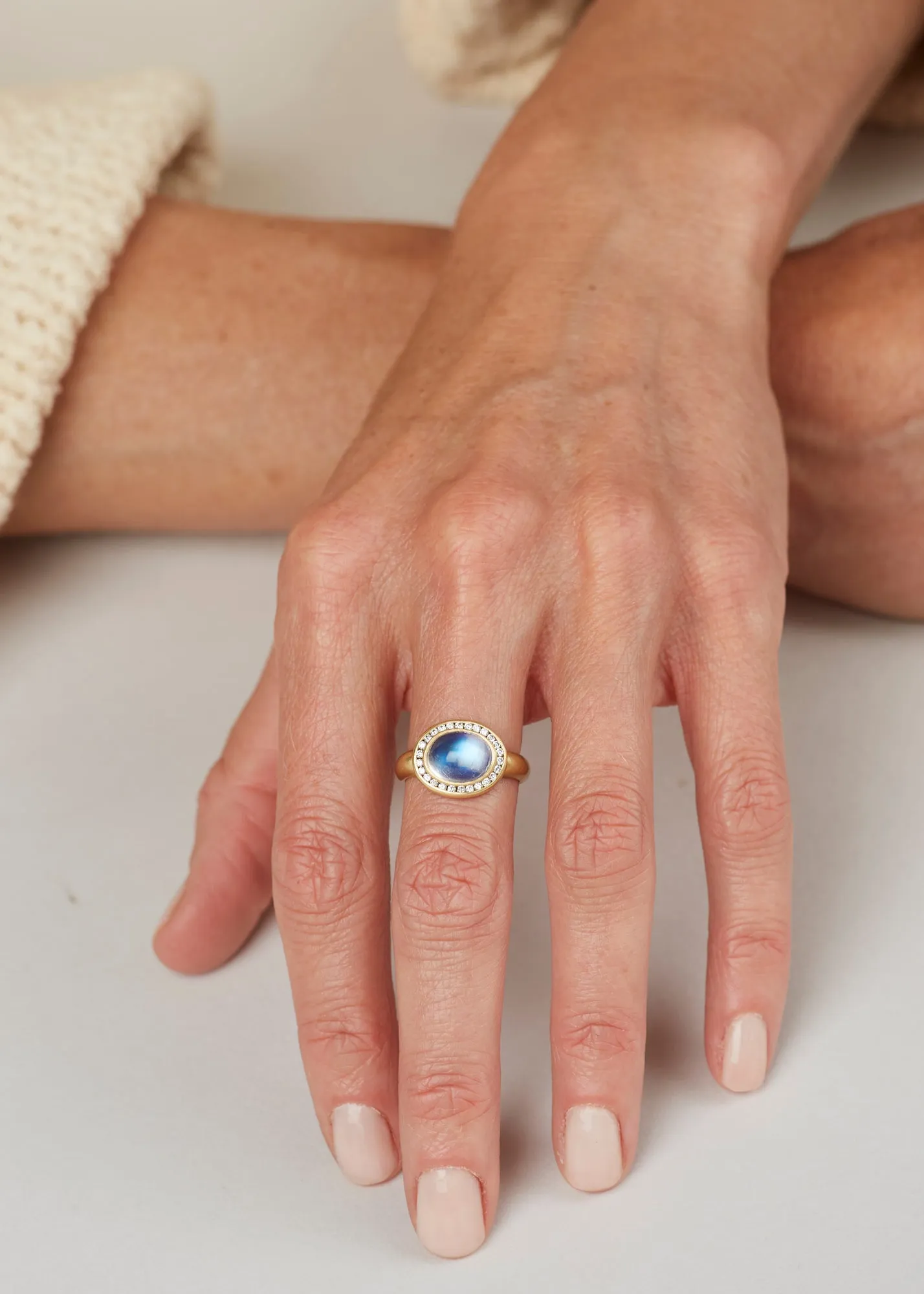 Large Oval Gem Blue Moonstone Ring with .21 Diamonds in 18 kt Gold