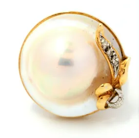 Mabe Pearl & Diamond Dress Ring 14ct Yellow Gold Fine Statement Jewellery Size N
