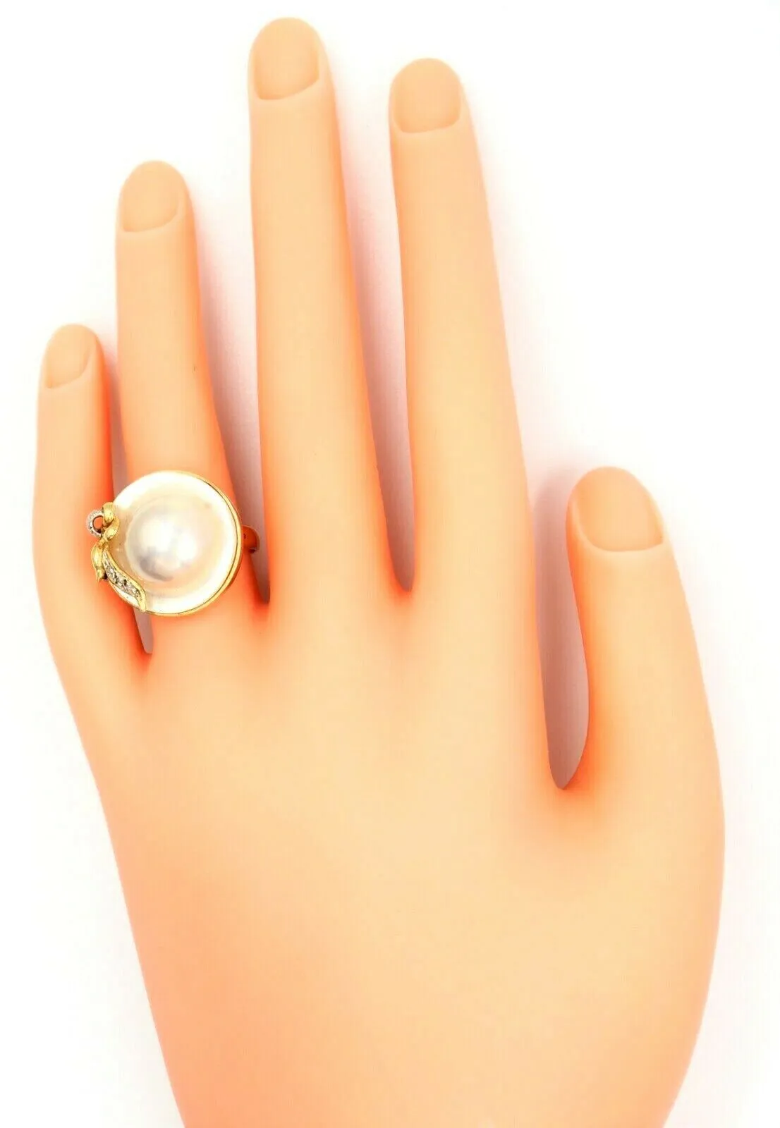 Mabe Pearl & Diamond Dress Ring 14ct Yellow Gold Fine Statement Jewellery Size N