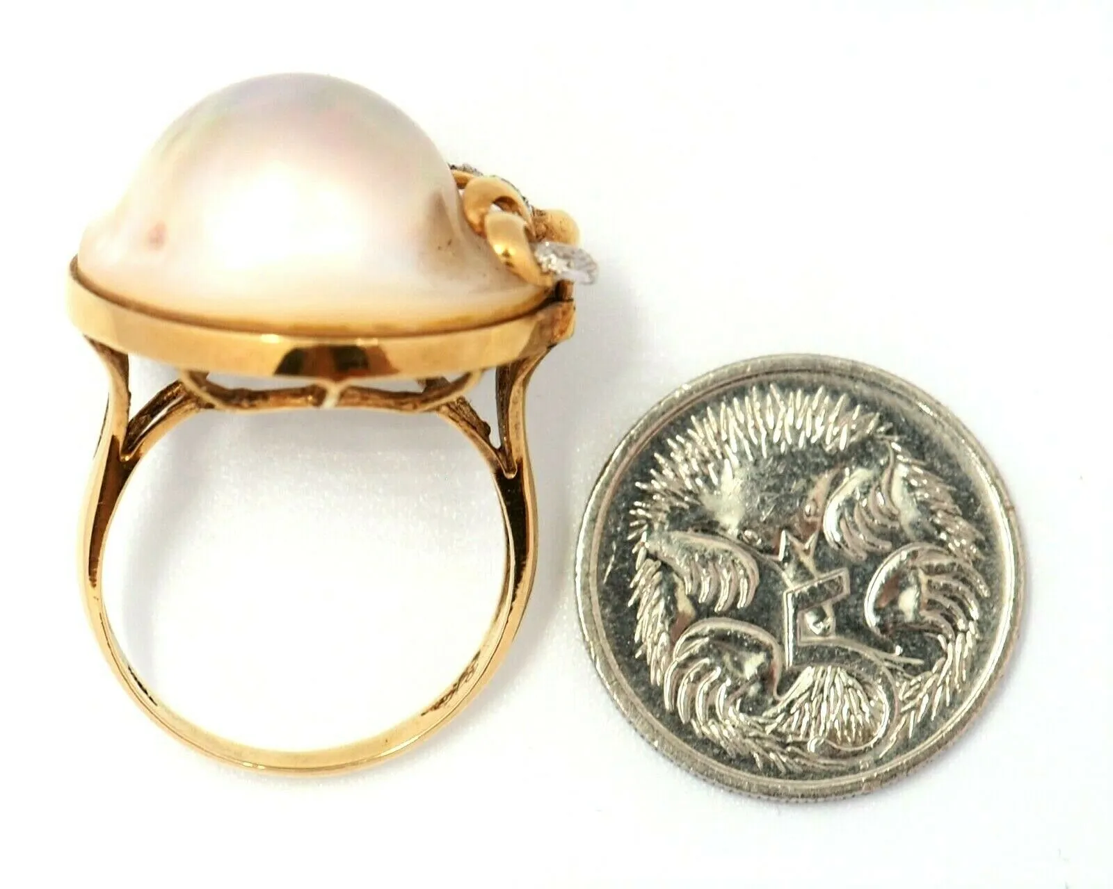 Mabe Pearl & Diamond Dress Ring 14ct Yellow Gold Fine Statement Jewellery Size N