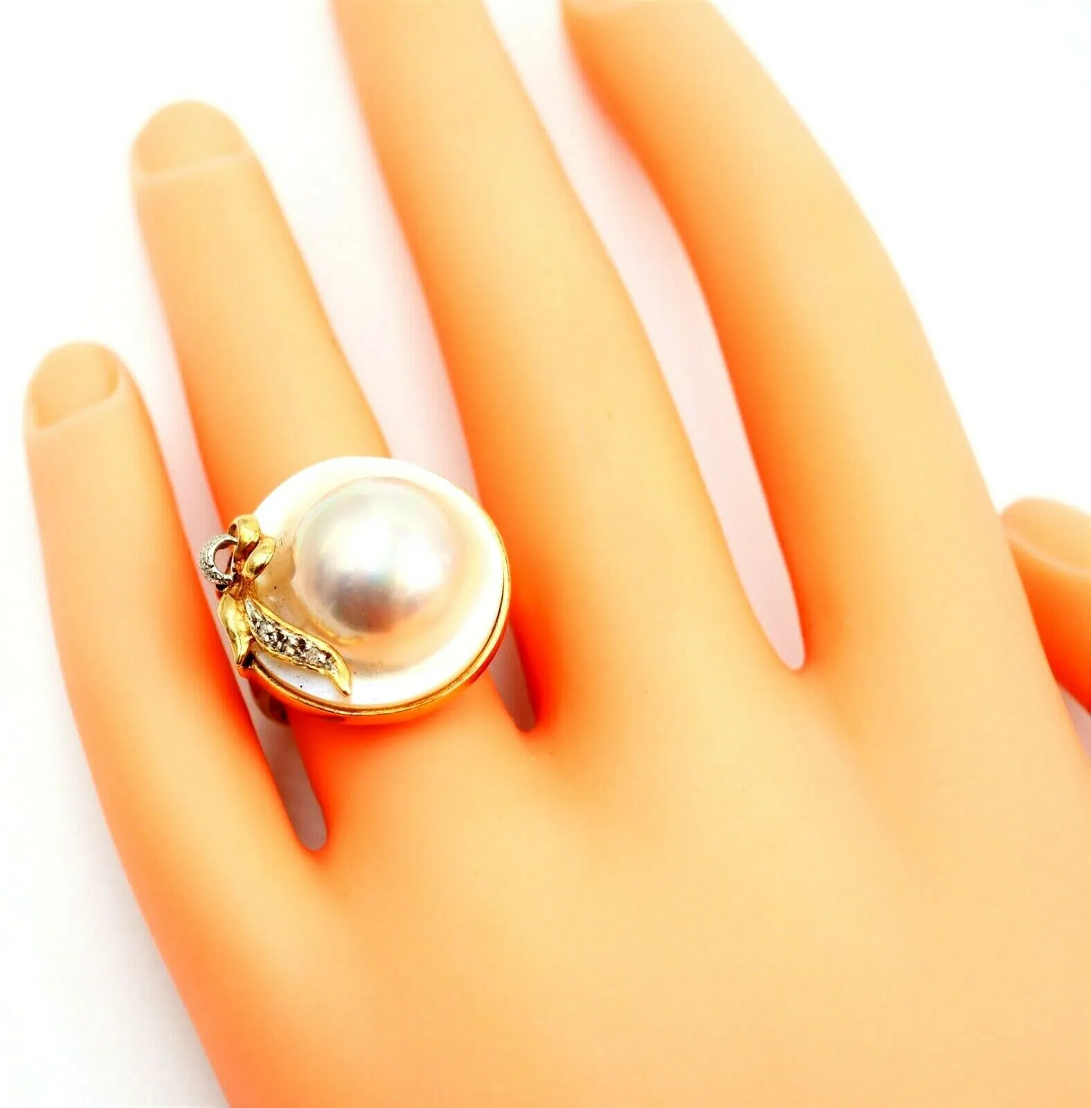 Mabe Pearl & Diamond Dress Ring 14ct Yellow Gold Fine Statement Jewellery Size N