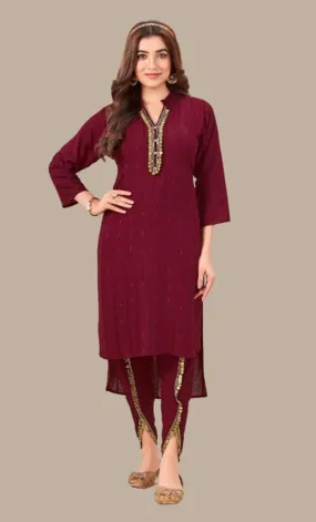 Maroon Embroidered  Kurti & Dhoti Pants