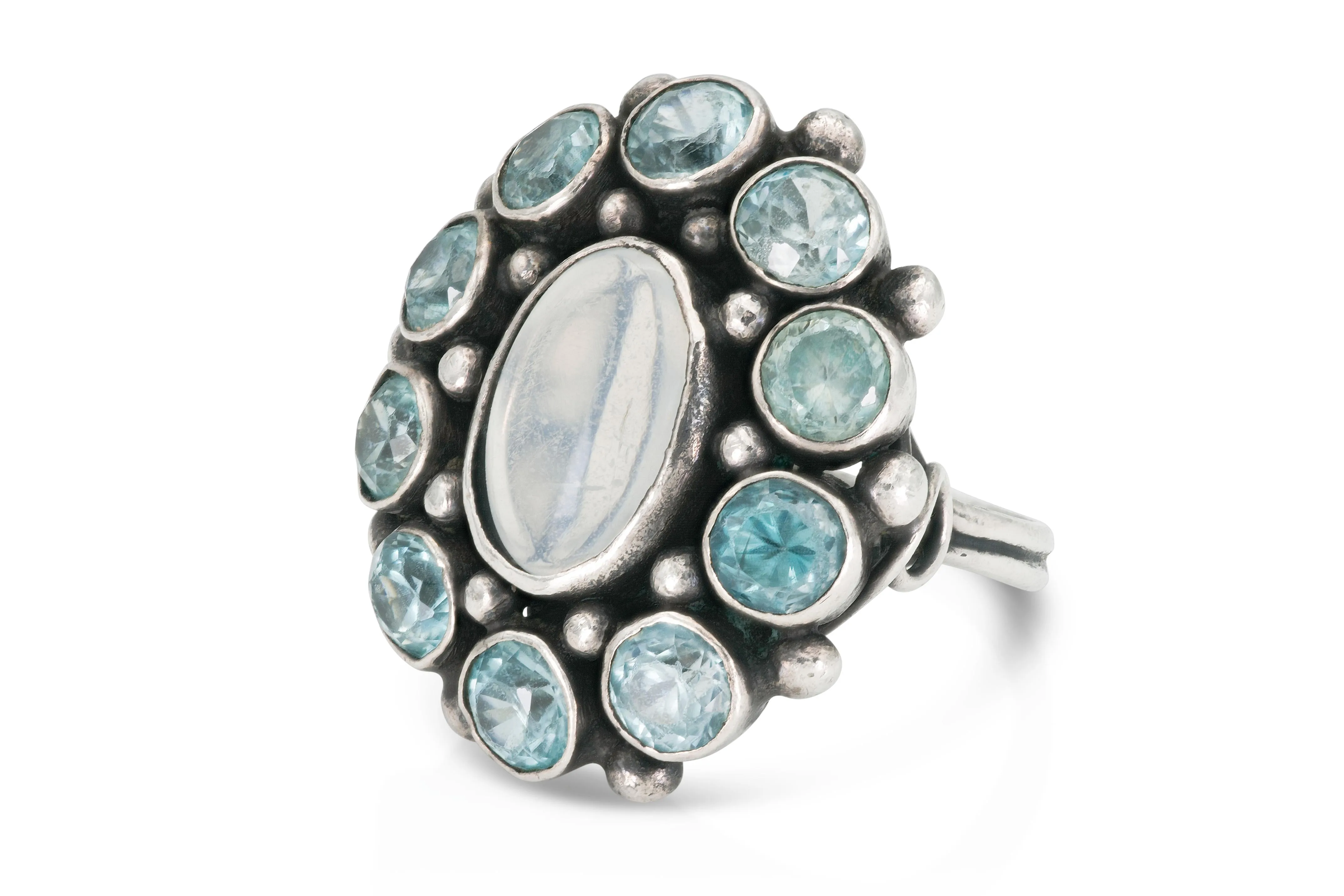 Moonstone and Blue Zircon Cluster Ring