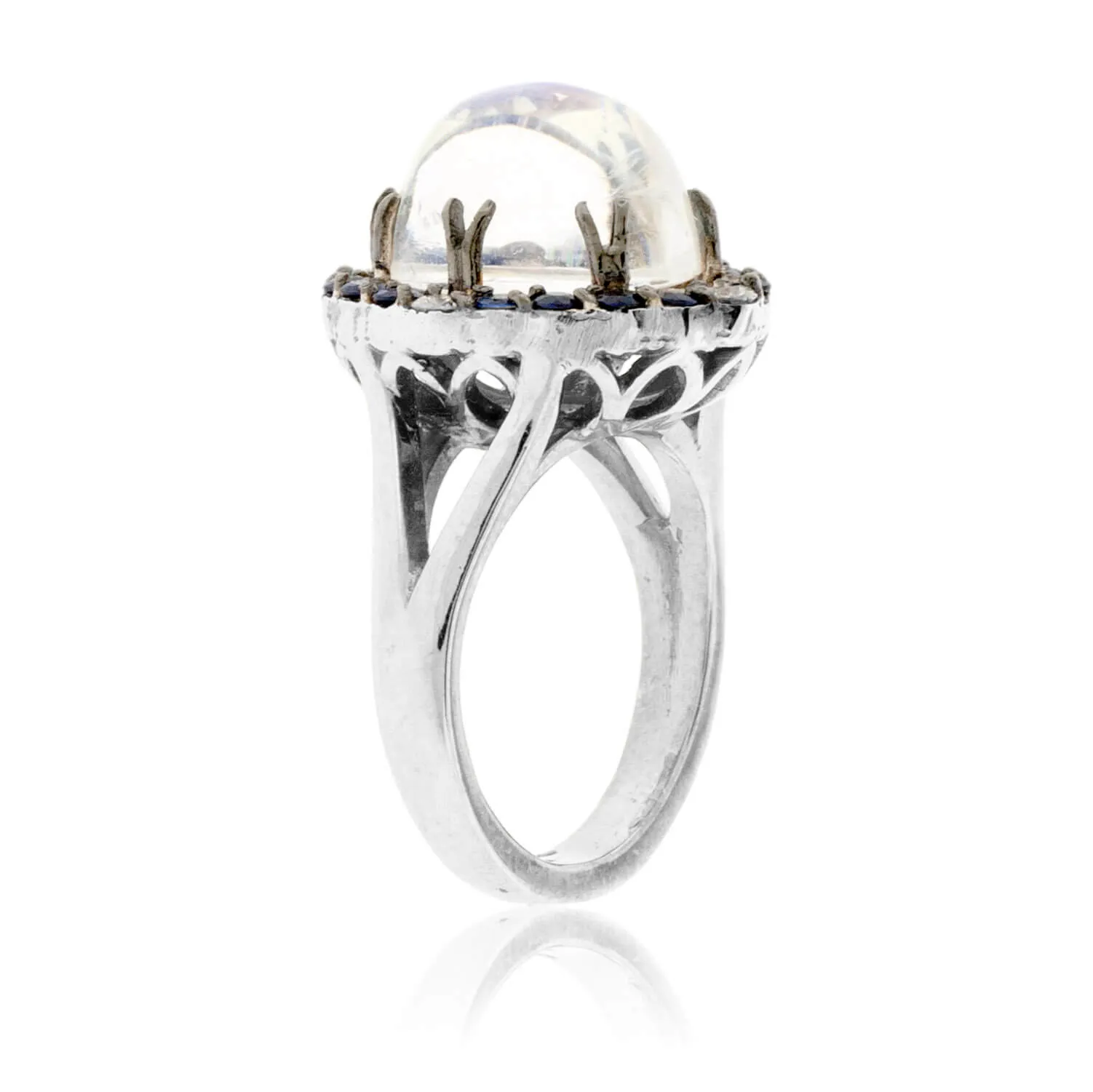 Moonstone Cabochon with Sapphire & Diamond Halo Ring
