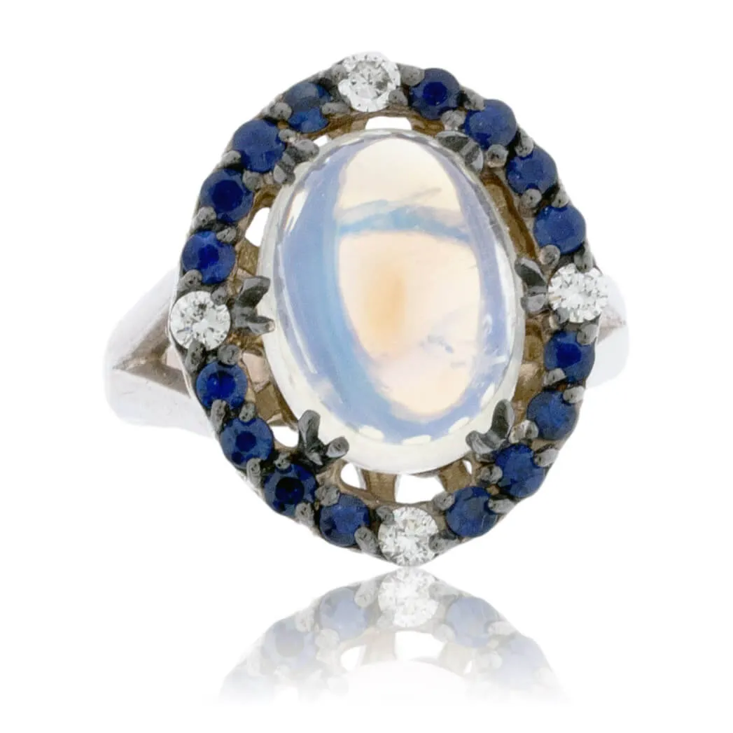 Moonstone Cabochon with Sapphire & Diamond Halo Ring