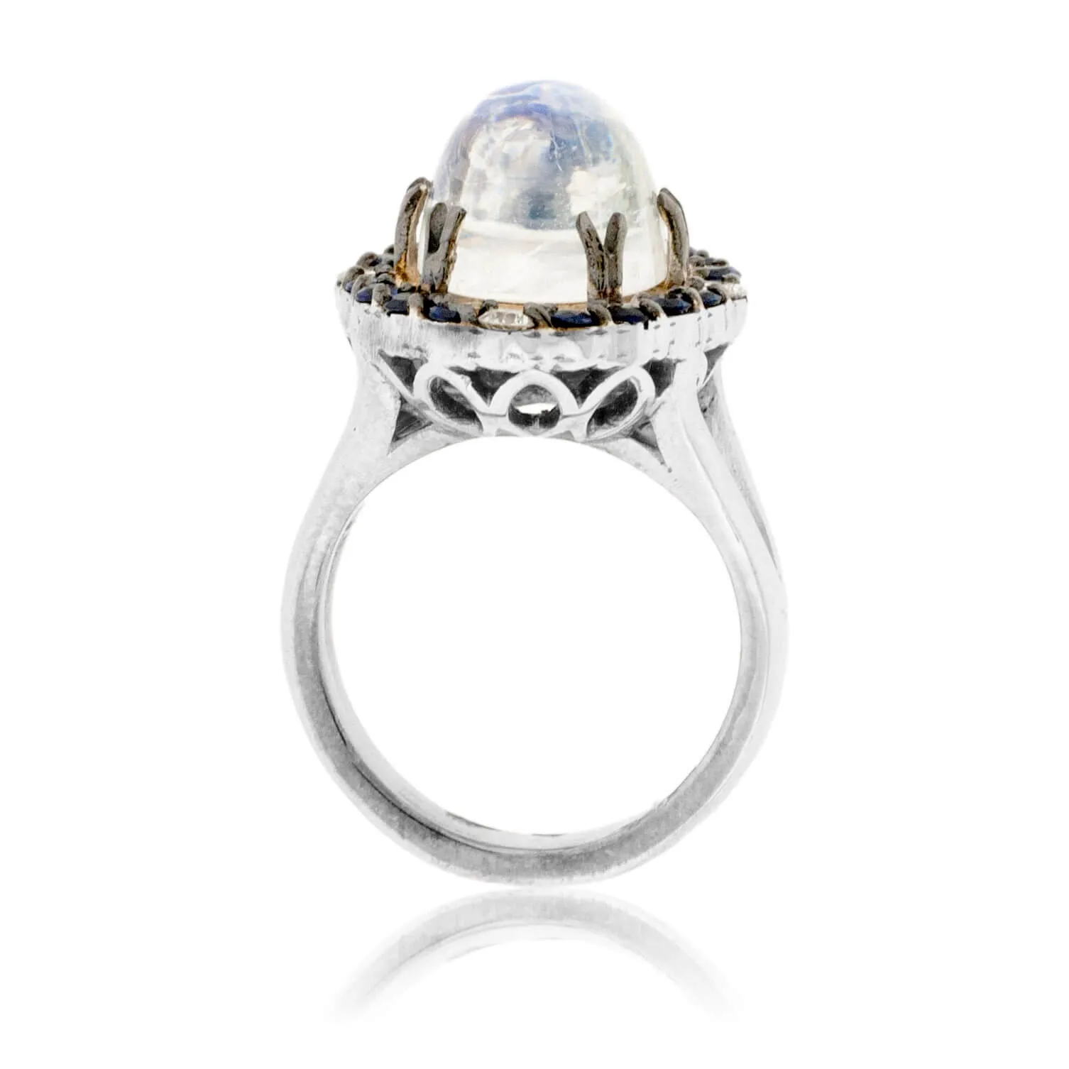Moonstone Cabochon with Sapphire & Diamond Halo Ring