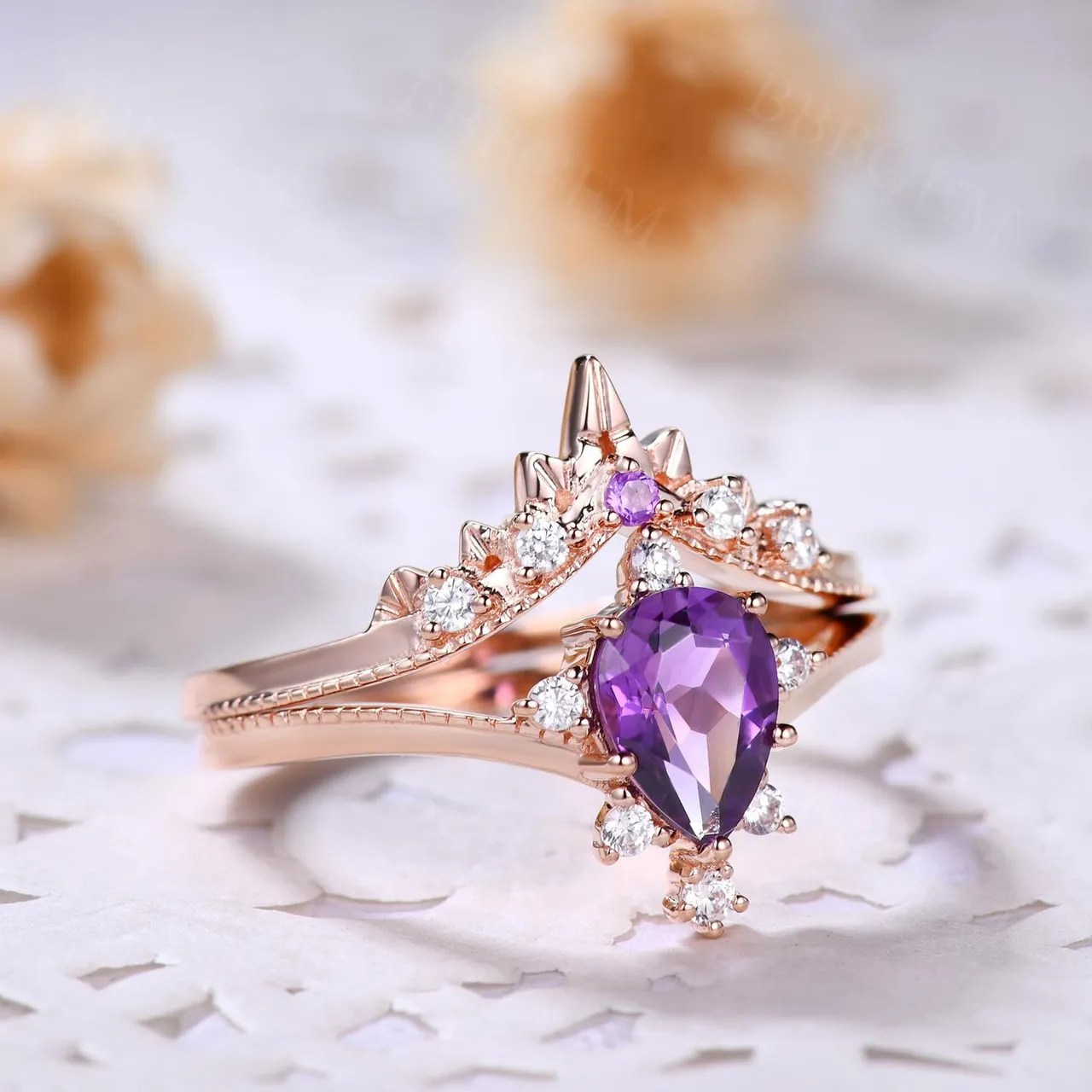 Natural Amethyst Purple Crystal Ring Set 2 Pieces Pear Cut Shaped Band Wedding Ring