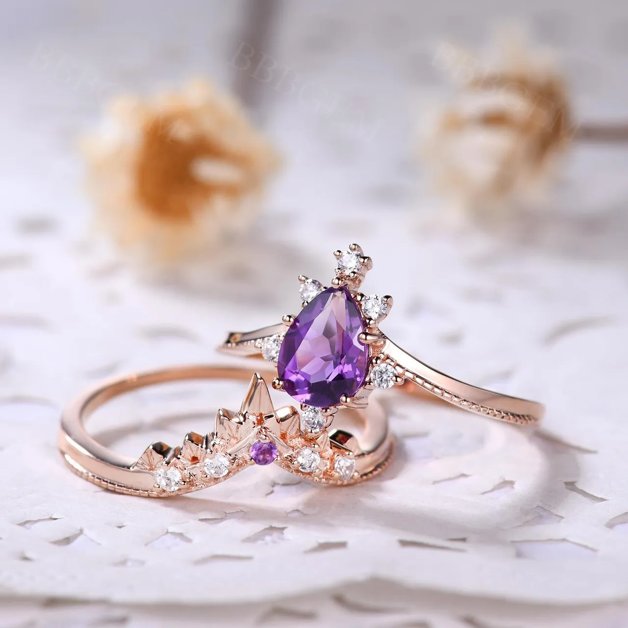 Natural Amethyst Purple Crystal Ring Set 2 Pieces Pear Cut Shaped Band Wedding Ring
