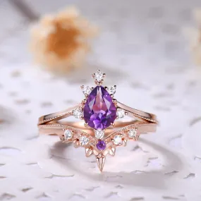 Natural Amethyst Purple Crystal Ring Set 2 Pieces Pear Cut Shaped Band Wedding Ring