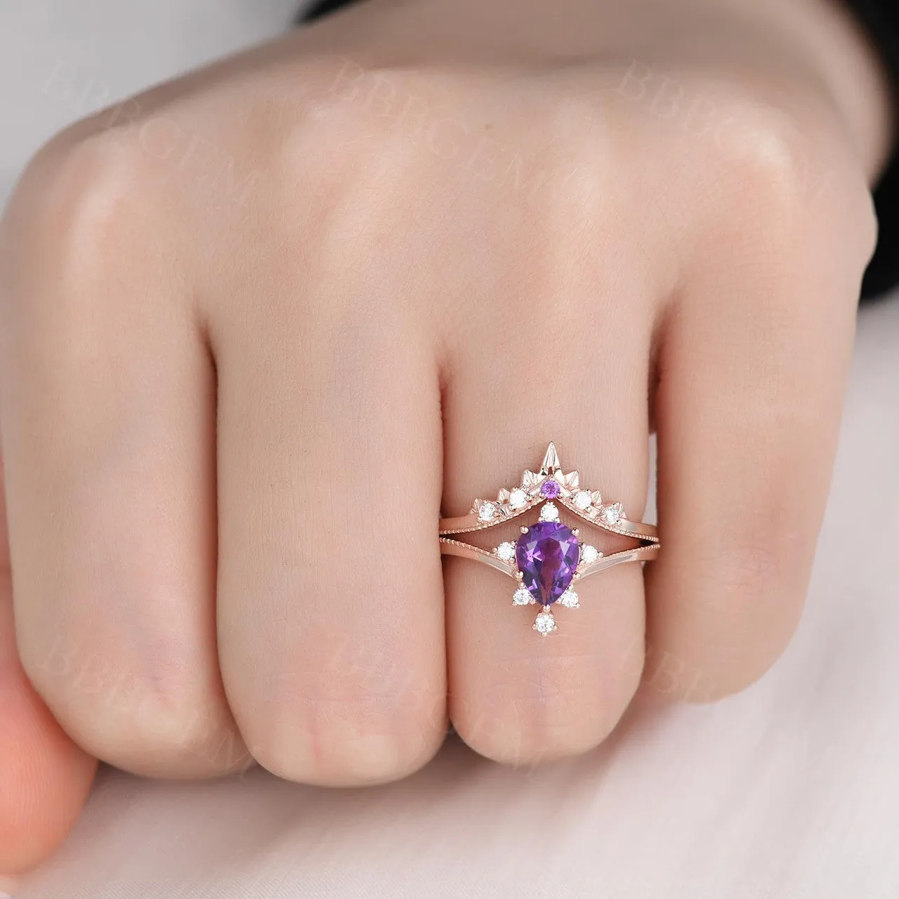 Natural Amethyst Purple Crystal Ring Set 2 Pieces Pear Cut Shaped Band Wedding Ring