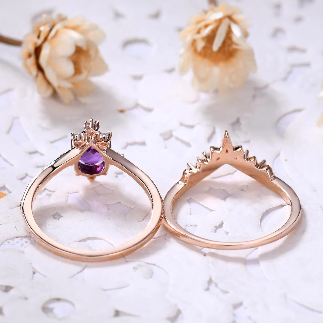 Natural Amethyst Purple Crystal Ring Set 2 Pieces Pear Cut Shaped Band Wedding Ring