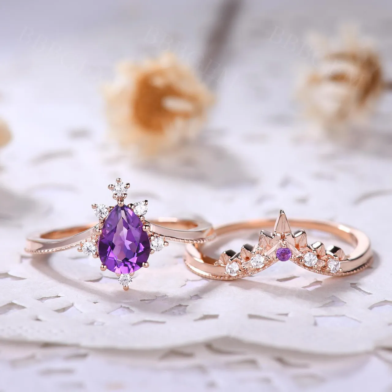 Natural Amethyst Purple Crystal Ring Set 2 Pieces Pear Cut Shaped Band Wedding Ring
