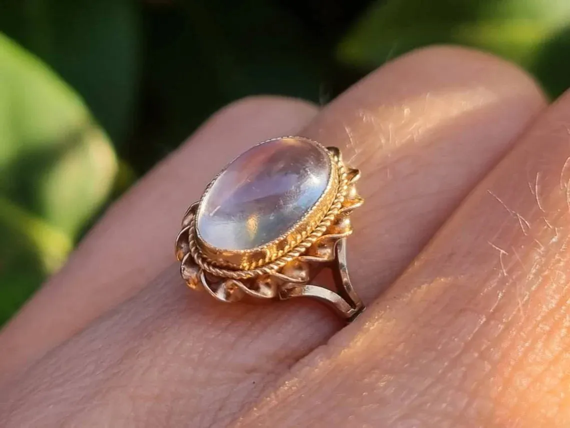 Natural Oval Cut Rainbow Moonstone Bezel Set Vintage Solitaire Rings - 14k Gold Vermeil Rings
