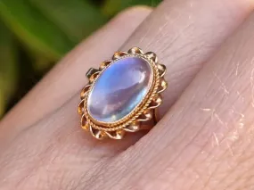 Natural Oval Cut Rainbow Moonstone Bezel Set Vintage Solitaire Rings - 14k Gold Vermeil Rings