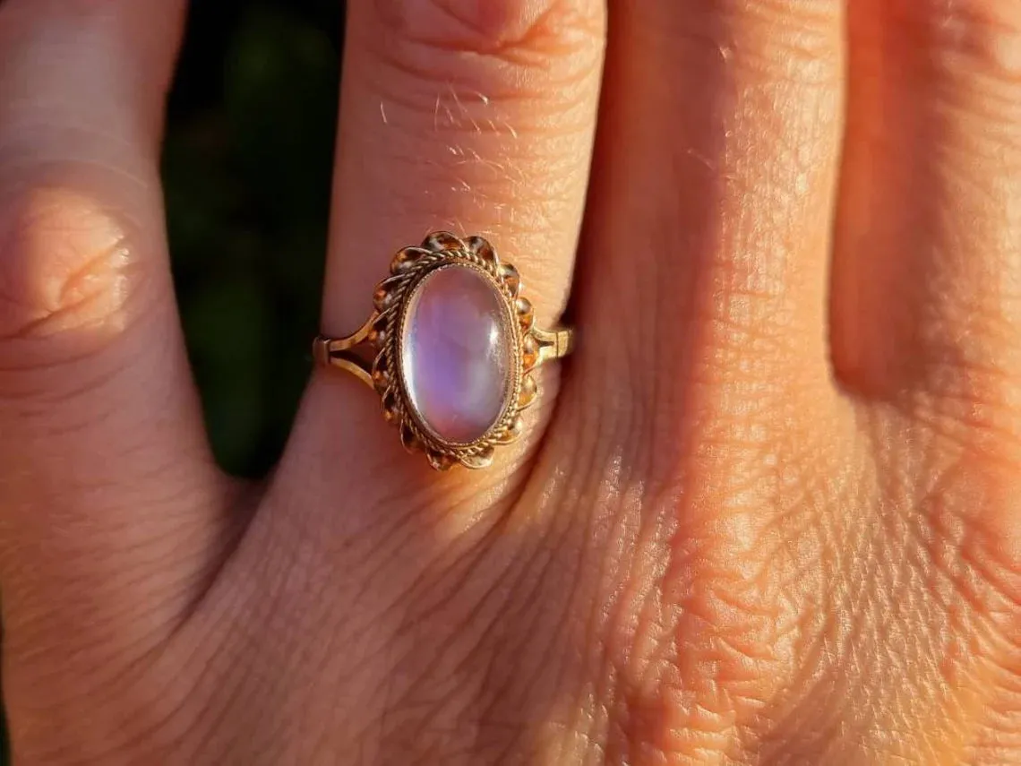 Natural Oval Cut Rainbow Moonstone Bezel Set Vintage Solitaire Rings - 14k Gold Vermeil Rings