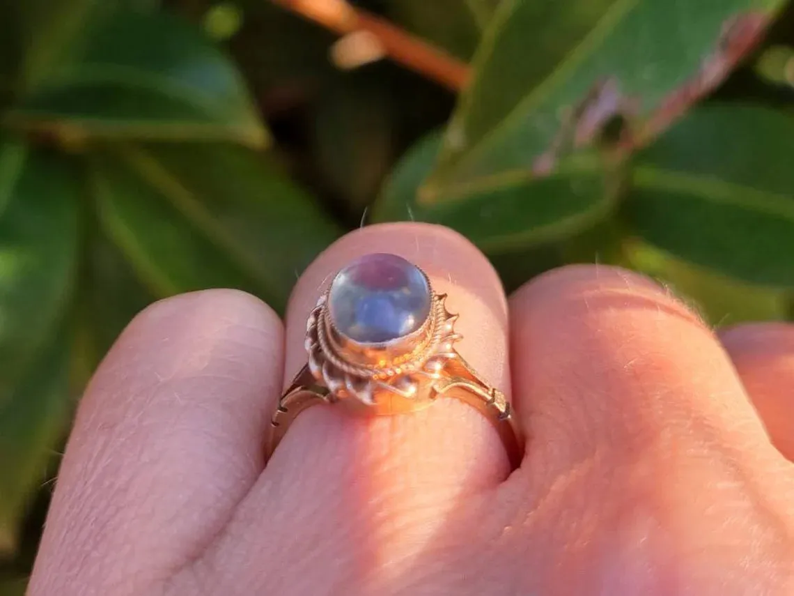 Natural Oval Cut Rainbow Moonstone Bezel Set Vintage Solitaire Rings - 14k Gold Vermeil Rings