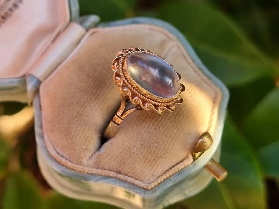 Natural Oval Cut Rainbow Moonstone Bezel Set Vintage Solitaire Rings - 14k Gold Vermeil Rings