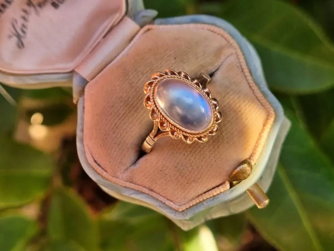 Natural Oval Cut Rainbow Moonstone Bezel Set Vintage Solitaire Rings - 14k Gold Vermeil Rings