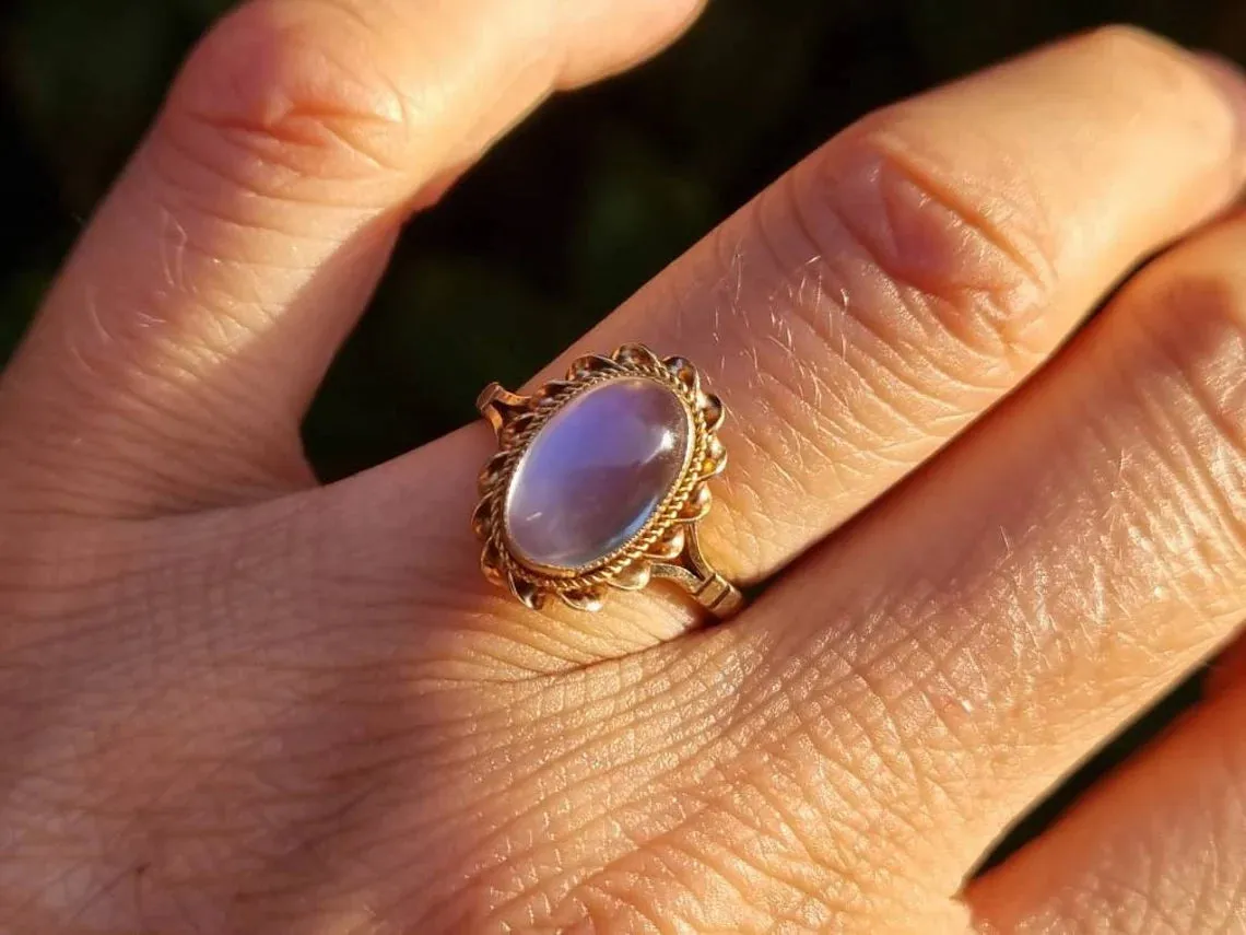 Natural Oval Cut Rainbow Moonstone Bezel Set Vintage Solitaire Rings - 14k Gold Vermeil Rings