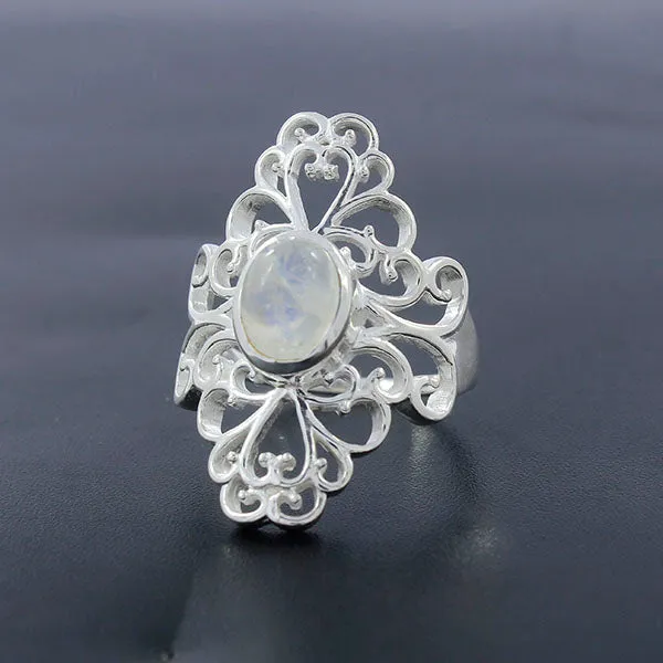 Natural Rainbow Moonstone Silver Rings