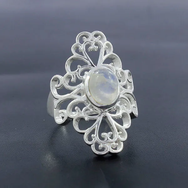 Natural Rainbow Moonstone Silver Rings