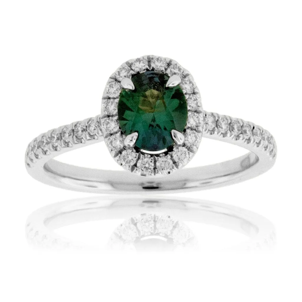 Oval Alexandrite & Diamond Halo Diamond Shank Ring