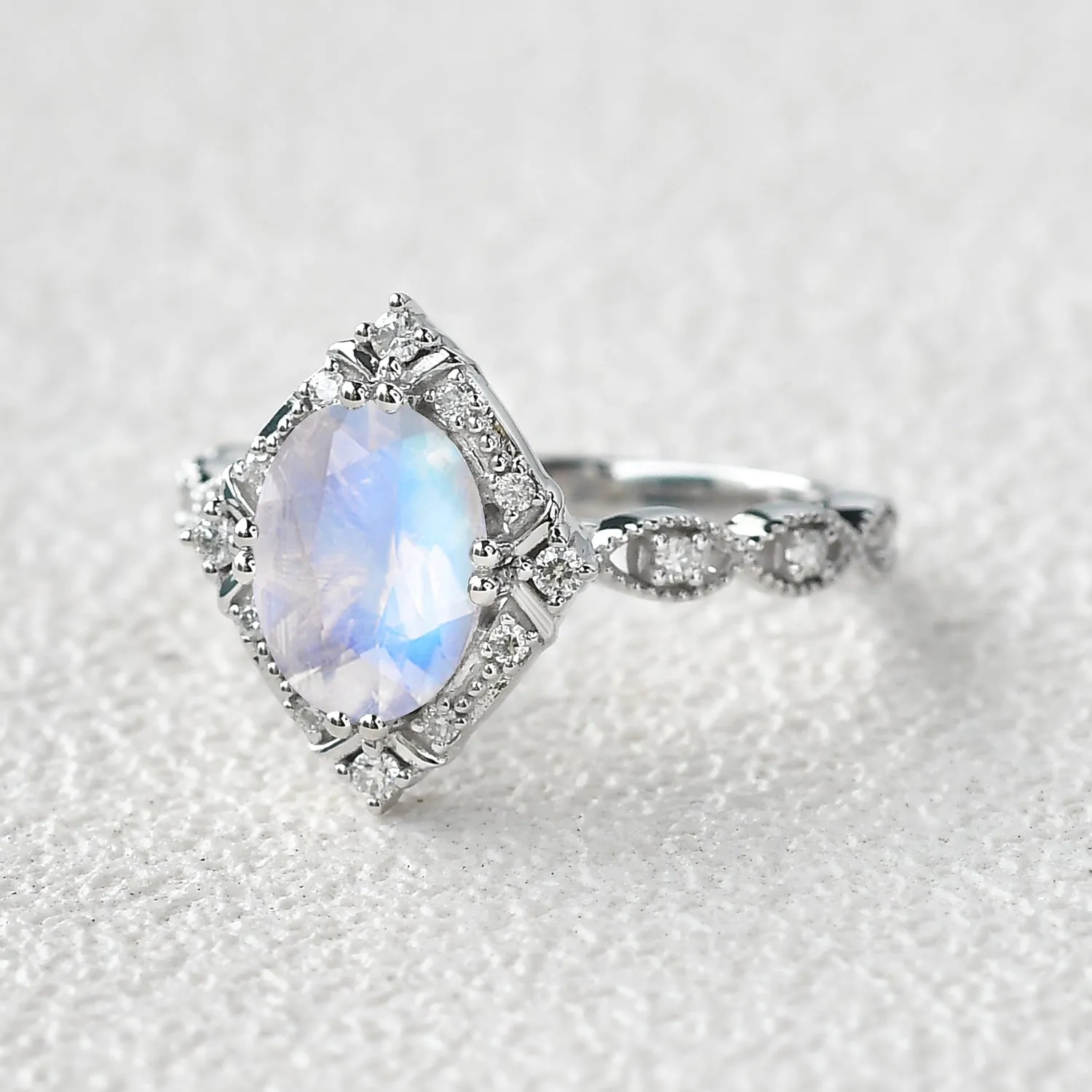 Oval Moonstone & Moissanite Art Deco Ring