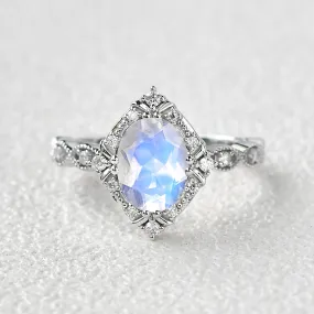 Oval Moonstone & Moissanite Art Deco Ring