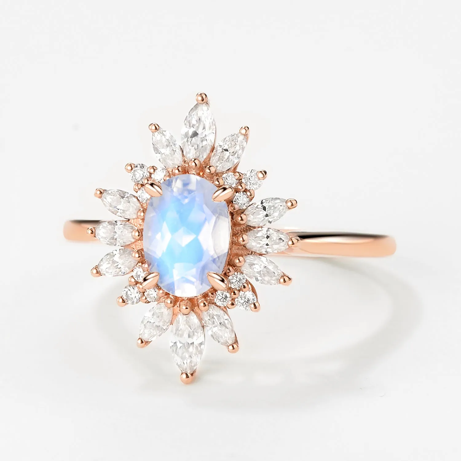 Oval Moonstone Flower Inspired Halo Ring