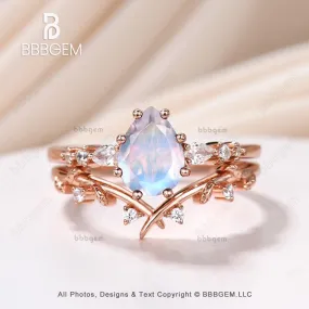Pear cut Moonstone Moissanite Promise Ring Set Moissanite Leaf Stacking Band Women Nature Inspired