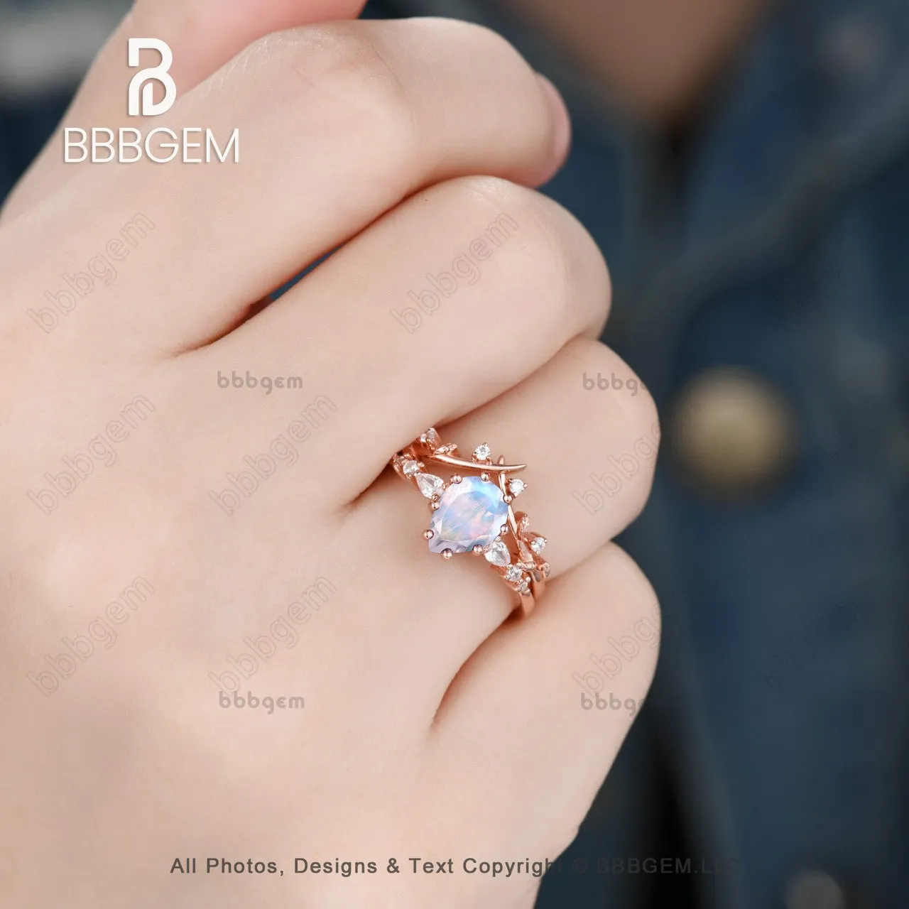 Pear cut Moonstone Moissanite Promise Ring Set Moissanite Leaf Stacking Band Women Nature Inspired