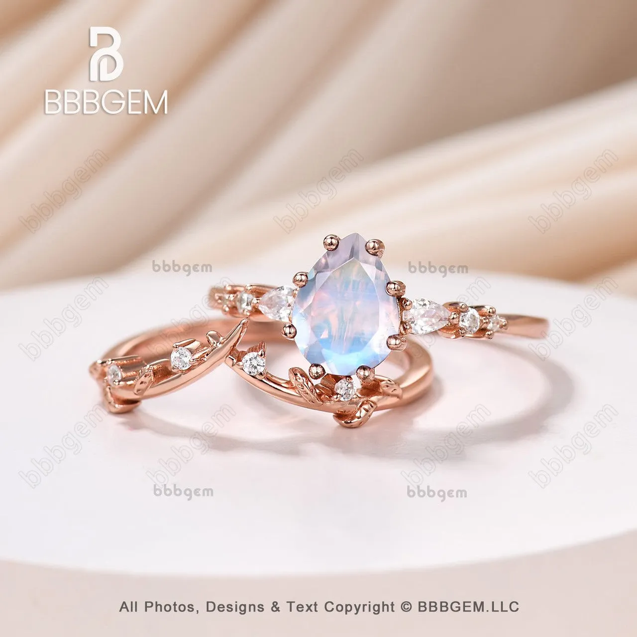 Pear cut Moonstone Moissanite Promise Ring Set Moissanite Leaf Stacking Band Women Nature Inspired