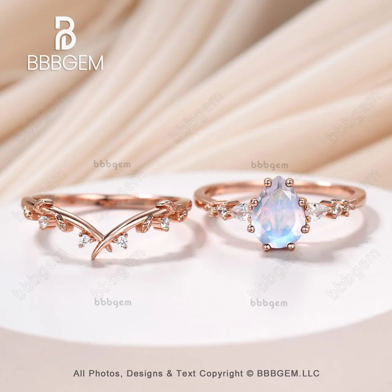 Pear cut Moonstone Moissanite Promise Ring Set Moissanite Leaf Stacking Band Women Nature Inspired