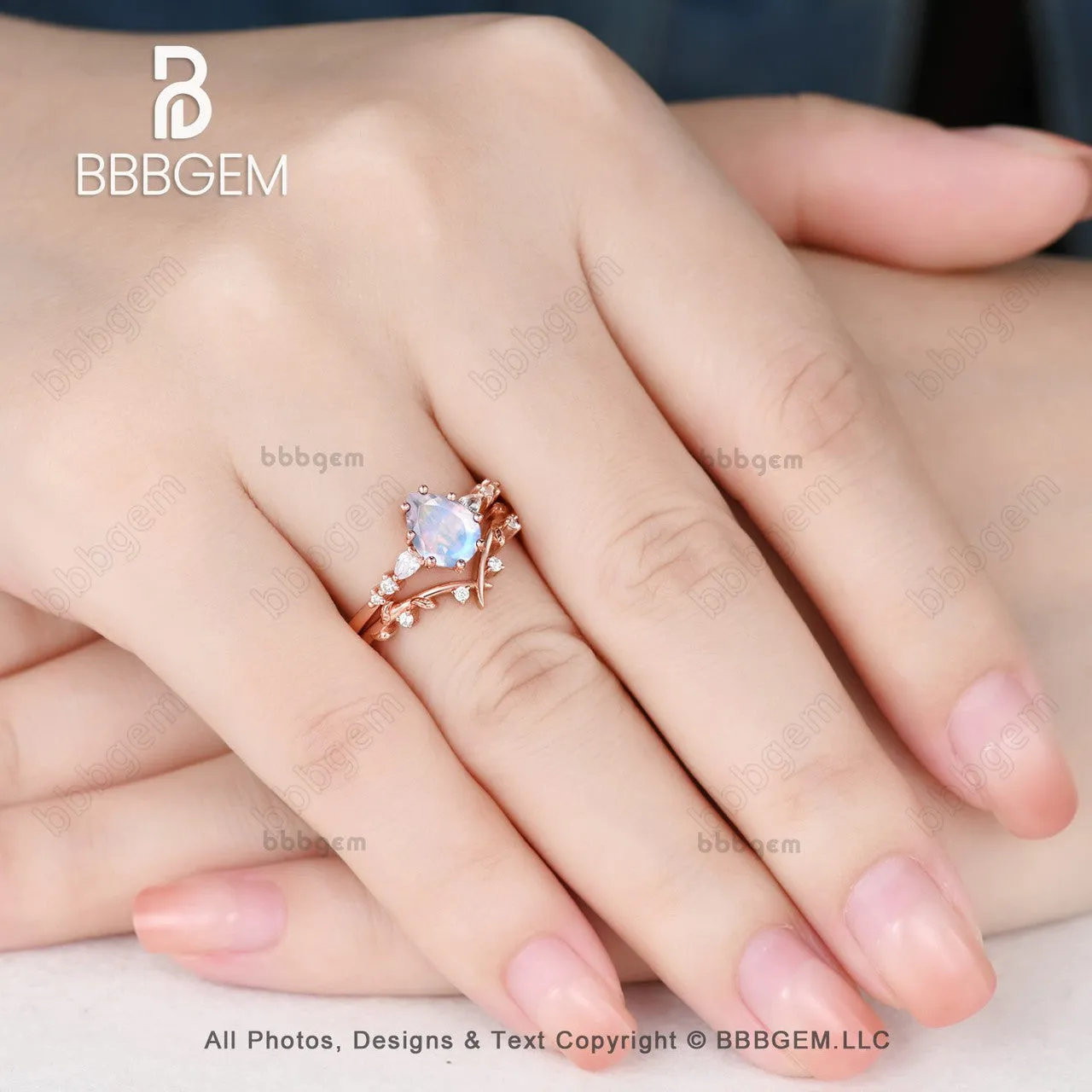Pear cut Moonstone Moissanite Promise Ring Set Moissanite Leaf Stacking Band Women Nature Inspired
